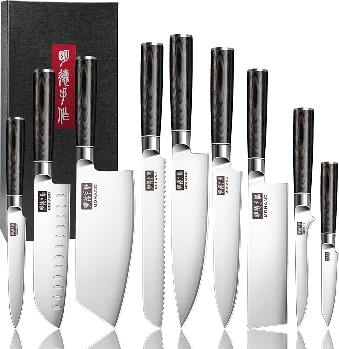 MDHAND Kitchen Knife Set, 9 Pieces Ultra Sharp Japanese Knife Set, High Carbon Stainless Steel Professional Chef Knives Set with Black Pakkawood Handle for Home Cooking, Dishwasher Safe
