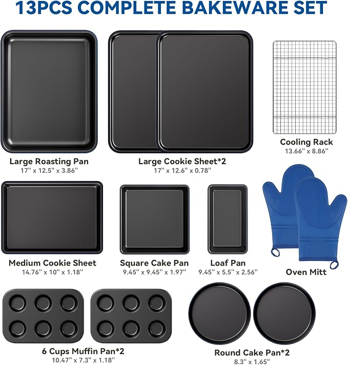 Wildone 13-Piece Baking Pans Set Nonstick - Stackable Bakeware Sets Including Cookie Sheets for Baking, Rack, Muffin Pan, Cake pan, Loaf Pan, Roasting Pan, Heavy Duty & Easy Clean, Blue