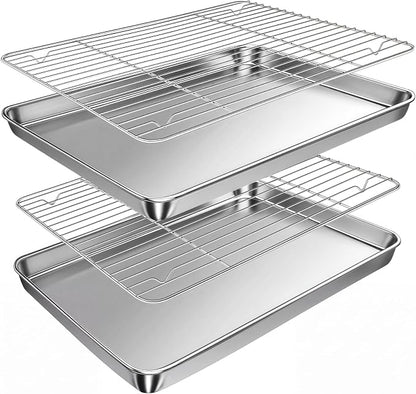 Baking Sheet with Rack Set (2 Pans + 2 Racks), 16 x 12 x 1 Inch Stainless Steel Cookie Sheet Baking Pan Tray with Cooling Rack, Jelly Roll Pan with Wire Rack, Warp Resistant & Heavy Duty & Rust Proof