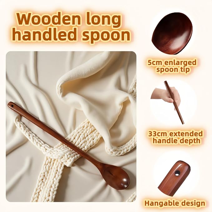 13" Wooden Spoon for Nonstick Cookware,Extra Long Handle&Natural Wood,Burn-Resistant Stirring & Serving,Gift for Cooking Enthusiasts,Heat-Safe Kitchen Utensil for Deep Pots and Non-Stick Cookware