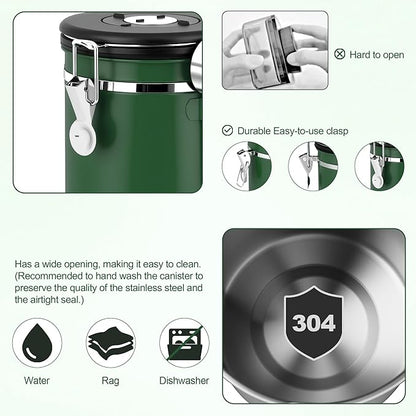 ShanSon Coffee Canister Airtight, Stainless Steel Bean Storage Container with Date Tracker & Scoop, Grounds Sugar Flour Tea Cereal Fits Kitchen Pantry, Ideal Gift for Coffee Lovers,16oz, Dark Green