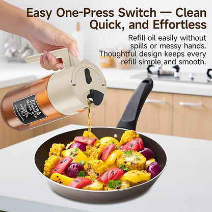 500ml Beige Glass Oil Sprayer, Dark-Tinted Glass Fine Mist Spray Bottle for Baking, Salad, Air Fryer, Light Cooking, Refillable 2-in-1 Oil Dispenser