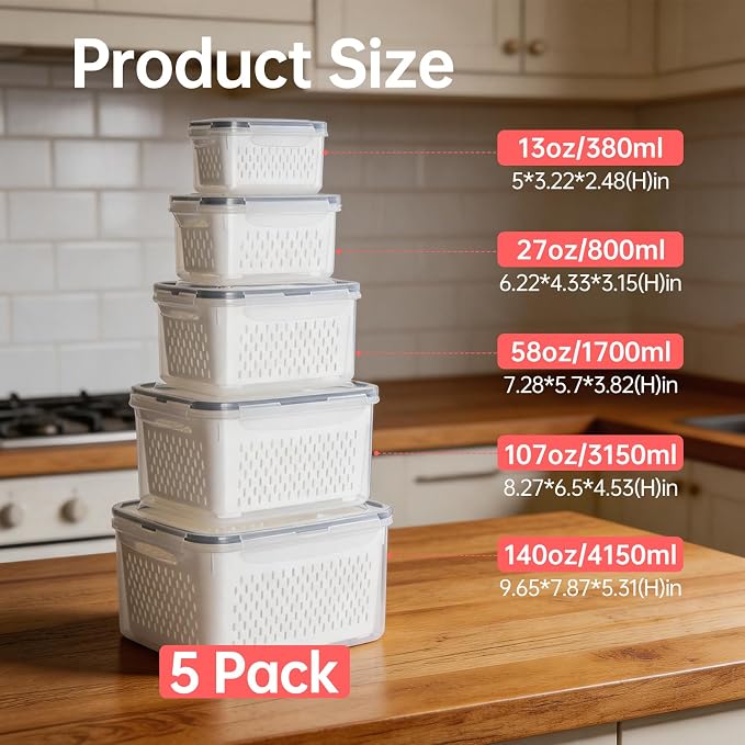 Fruit Containers for Fridge with Removable Colander, 5 Pack Strawberry Storage Containers for Fridge, Containers with Lids, Keep Strawberries, Berries Fresh for Longer