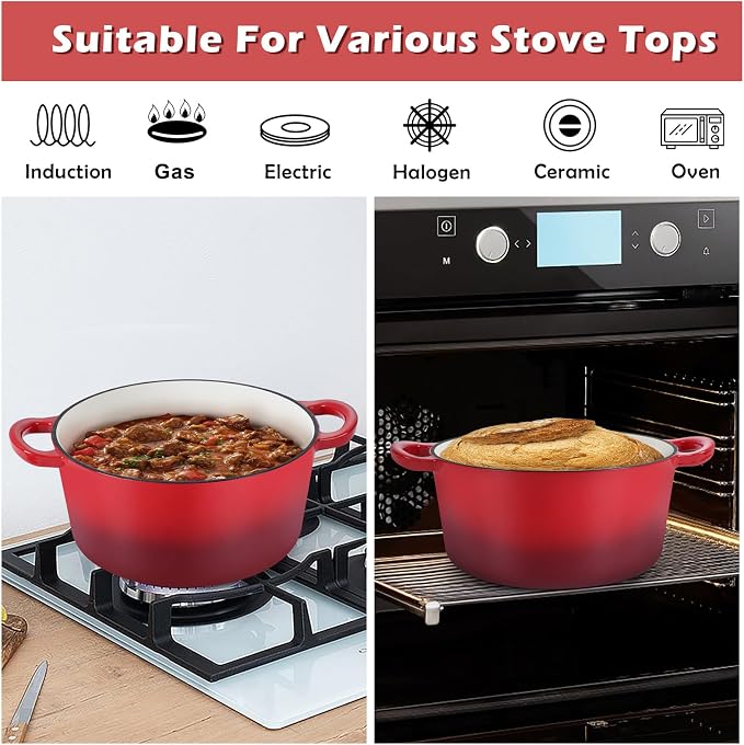 TeamFar Enameled Cast Iron Dutch Oven, 6 Quart Pot with Lid & Dual Handles - Heavy Duty Cookware Oven Safe up to 500° F for Bread Baking, Stews, Braising, Roasting - Red