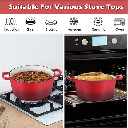TeamFar Enameled Cast Iron Dutch Oven, 6 Quart Pot with Lid & Dual Handles - Heavy Duty Cookware Oven Safe up to 500° F for Bread Baking, Stews, Braising, Roasting - Red