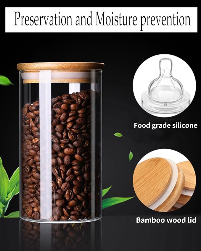 Bamboo Lid Airtight Storage Jars 22oz (Set of 6), Food Canisters for Coffee, Sugar, Tea, Candies, Cookies – Perfect for Kitchen & Pantry Organization