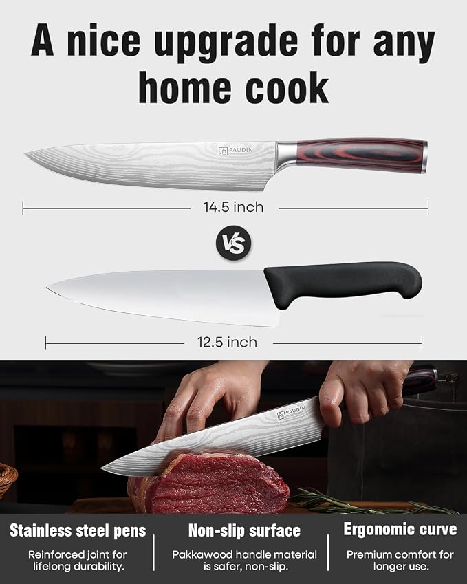 PAUDIN Chef Knife, 9 Inch High Carbon Stainless Steel Sharp Kitchen Knife for Vegetables and Meat, with Sheath, Ergonomic Handle, Gift Box