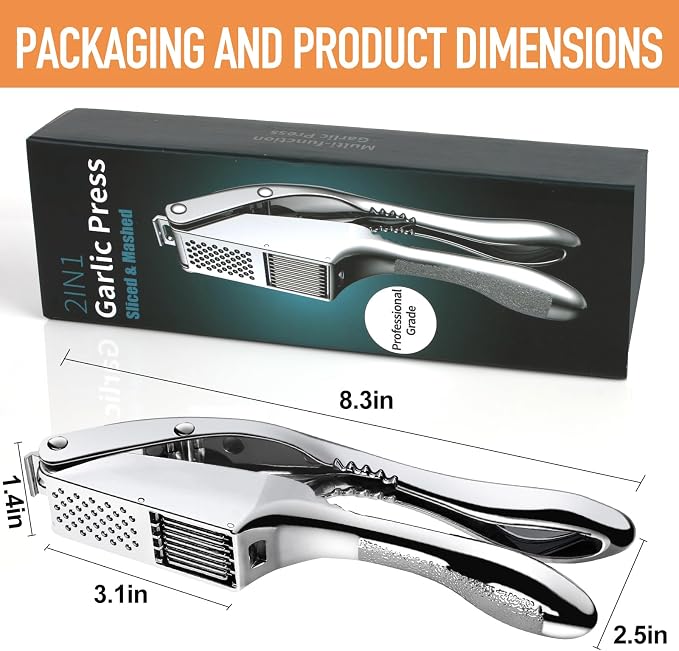Garlic Press and Slicer 2 in 1, Heavy Duty Garlic Mincer, Crusher & Peeler Set - Perfect for Home Cooks and Professional Chefs Alike