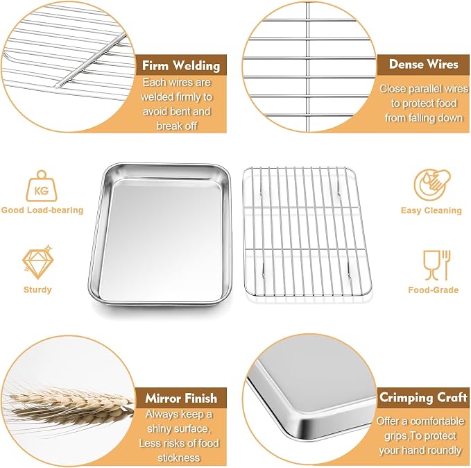 P&P CHEF 9 Inch Baking Oven Sheet Pan with Rack & Mat for Cookie, Stainless Steel Oven Sheet Tray Cooling Rack and Silicone Mat for Baking & Roasting, Dishwasher Safe & Healthy, 3Pcs
