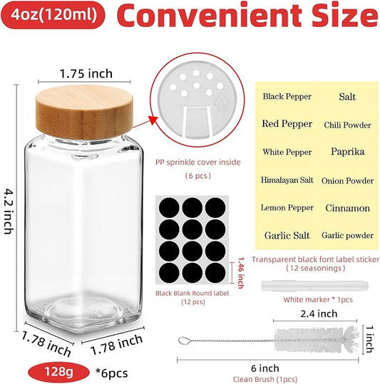 6Pcs 4 oz Square Glass Spice Jars with Label, Empty Spice Containers with Bamboo Lids , Square Seasoning Containers and Supplement Set, Small Seasoning Bottles for Salt, Herbs, Sugar, Pepper (6)