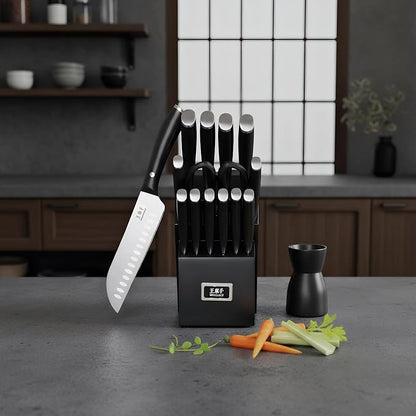 WANGMAZI Kitchen Knife Set, 15 Pcs Premium Stainless Steel Knife Block Set, Professional Chef Knife Set, Anti-Slip Sharp Knives Set for Home, Kitchen, Black