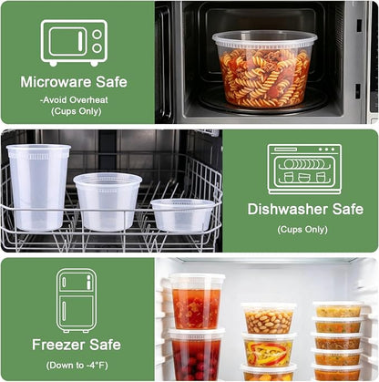 Lamosi Deli Containers with Lids 48 Sets, 32/16/8 oz X 16 Set Each, BPA Free & Airtight Plastic Food Containers with Lids for Soup and Takeout Meal Prep Storage, Freezer, Microwave & Dishwasher Safe