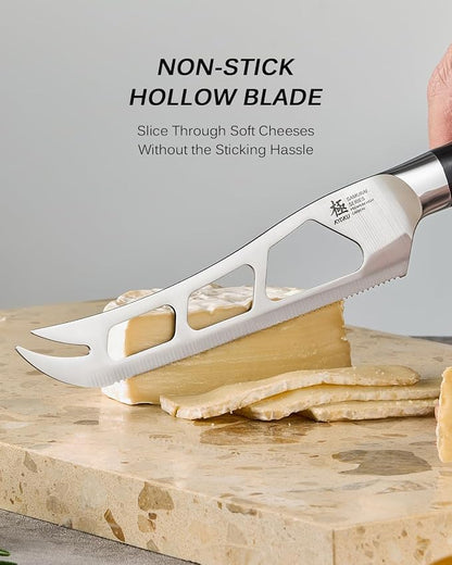 KYOKU 5 in. Serrated Cheese Knife, Samurai Series Cheese Slicer with Hollow Blade Pakkawood Handle, German 1.4116 Stainless Steel Full Tang Knife for Hard Cheese with Protective Sheath & Gift Box