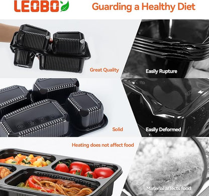 40 Pack 34oz 4-Compartment Bento Box - Shrink-Wrapped No Pre-Wash | Leak-Resistant Takeout Containers | BPA Free Shatterproof Flexible PP | Microwave Safe To Go Box, Bulk Leftover Storage