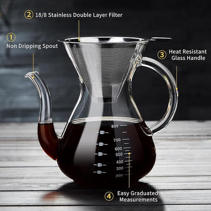 Unbreakable - Pour Over Coffee Maker with Double Stainless Filter 27 fl oz, Thickened Heat-Resistant Borosilicate Glass Pour Over Coffee Dripper, Stovetop Safe
