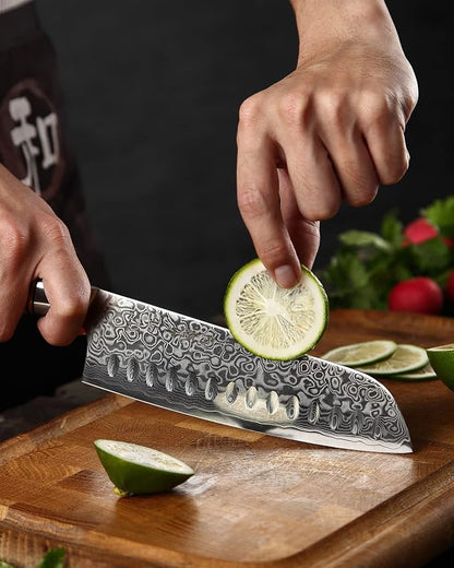 HEZHEN 7” Santoku knife, Damascus Steel Chef Knife, Asian Kitchen Knife Japanese Style, Figured Sycamore Wood Handle