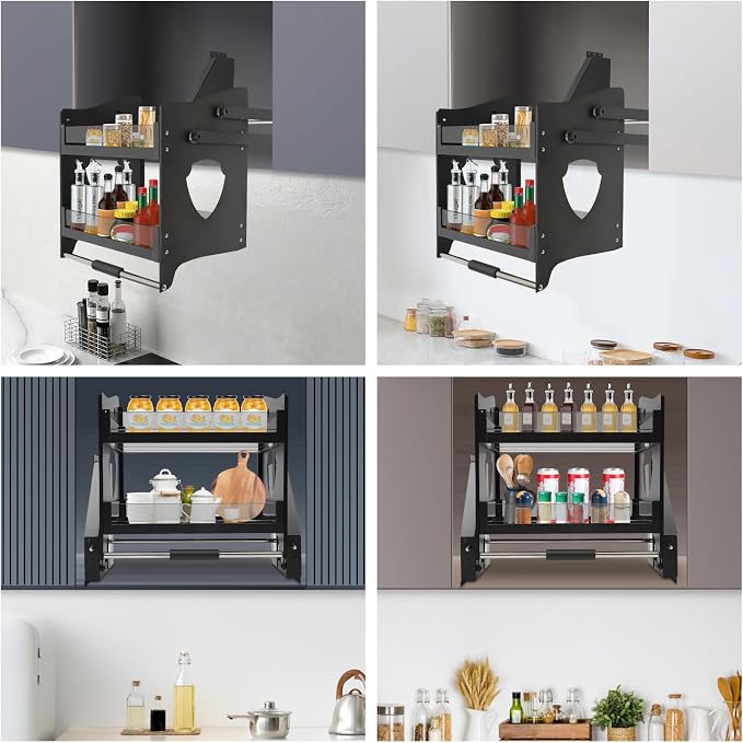 Pull Down Cabinet Organizer, 2-Tier Lowering Basket Rack for 22.05-23.23" Wide Upper Cabinet, 3-stage Weight Knob Tempered Glass Kitchen Storage Shelf, Hydraulic Damping Spice Rack, 22.05*11.02*20.87"
