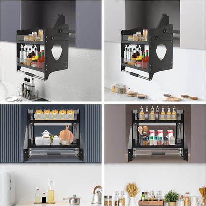 Pull Down Cabinet Organizer, 2-Tier Lowering Basket Rack for 22.05-23.23" Wide Upper Cabinet, 3-stage Weight Knob Tempered Glass Kitchen Storage Shelf, Hydraulic Damping Spice Rack, 22.05*11.02*20.87"