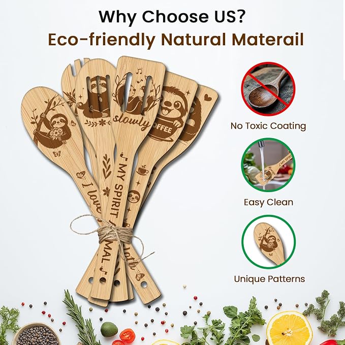 CUTHOLLOW 6PCS Sloths Wooden Kitchen Cooking Utensil Set, 11.9in Non Toxic Bamboo Wood Spoon Set for Cooking, Best Housewarming Birthday Thanksgiving Christmas Gift for Women Mother