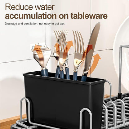 Compact Dish Drying Rack for Countertop, Small-Sized for Dorms, RVs & Tiny Kitchens, Auto-Drain, Adjustable Slots, Rust-Resistant with Utensil Caddy & Sponge Holder (G er y)