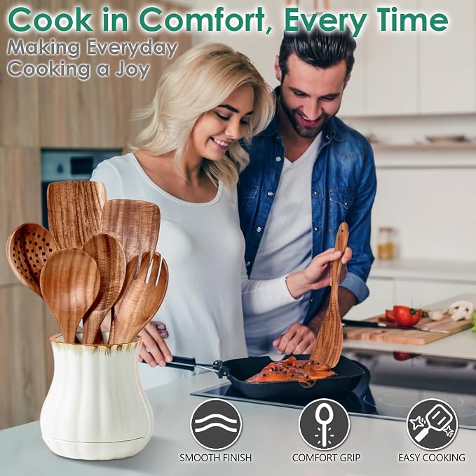HOWHONG Wooden Spoons for Cooking, Teak Wood Kitchen Utensil Set, Premium Handmade Wooden Utensils for Nonstick Cookware, Heat Resistant, Smooth Finish, Comfortable Grip, 6 Piece