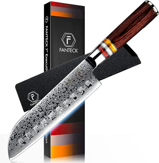 FANTECK Damascus Santoku Knife, 7 Inch Kitchen Knife Ultra Sharp Japanese VG10 67 Layers Stainless Steel Chef Knife,High Carbon Meat Fruit Cutting Knife-Pakkawood Handle,Gift box & Plastic Sheath