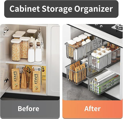 Pull Out Cabinet Organizer 2 Pack, Black Metal Storage Basket for Kitchen Cabinet, Bathroom, Under Sink, Self Adhesive Slide Out Pantry Shelves Drawer Storage, 15.8" LX 5.9" WX5.9 H
