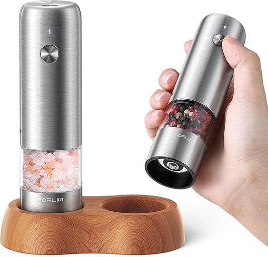 FORLIM Mini Electric Salt and Pepper Grinder Set with Wood Base, USB Rechargeable, Small Automatic Salt Pepper Mill Grinder, Travel/Outdoor BBQ/Children, One-Button Control (2 Packs, Stainless Steel)