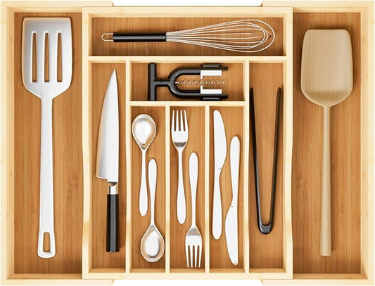 Expandable and Adjustable Bamboo Drawer Organizer Tray - Cutlery Drawer Organizer for Kitchen Utensils, Silverware Organizer with Dividers, 7-9 Slots with Curved Grooves (Natural)