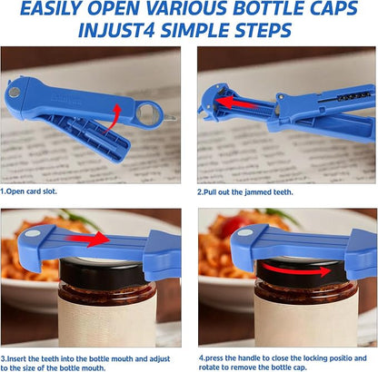 Jar Opener for Seniors with Arthritis, 7 in 1 Bottle Opener and Wine Corkscrew, Easy Grip Kitchen Gadget for Weak Hands Elderly, Retractable Jaw Lid Opener with Magnetic Storage (Blue)