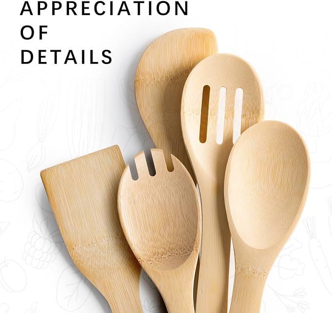 Wooden Spoons for Cooking, 5PCS Wooden Utensil Set Includes Slotted Spoon, Wooden Spoon & Wooden Spatula, Bamboo Cooking Utensils for Non-Stick Pans, Natural Bamboo Utensils