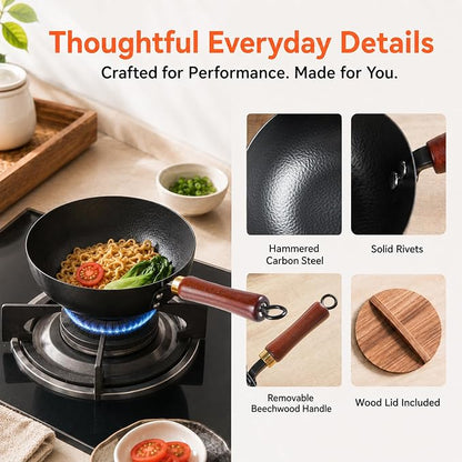 WANGYUANJI 8 Inch Carbon Steel Wok Pan with Lid, Small Hammered Flat Bottom Wok for 1–2 Servings, Removable Beechwood Handle, Coating-Free Stir Fry Pan for Gas, Electric & Induction Cooktops