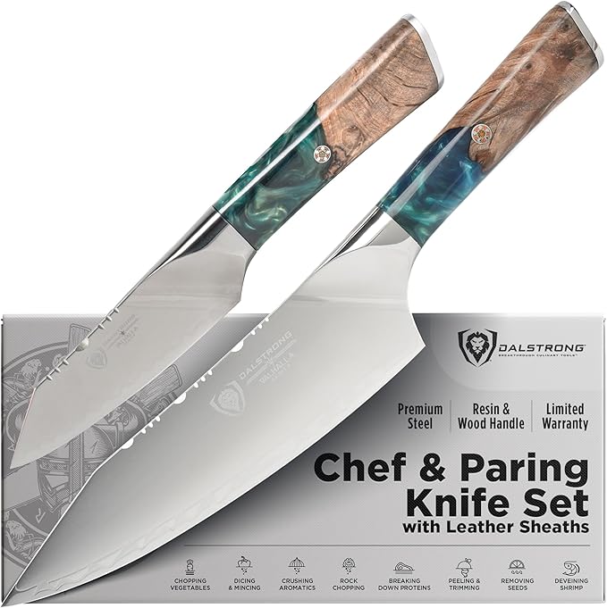Dalstrong Valhalla 2-Piece Knife Set — 8" Chef + 3.5" Paring — 9CR18MOV HC Steel (8–12° Edge), Unique Wood + Resin Handles — For Apartment Kitchens, Gifts & First Serious Sets