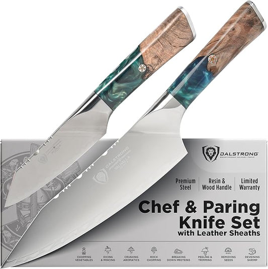 Dalstrong Valhalla 2-Piece Knife Set — 8" Chef + 3.5" Paring — 9CR18MOV HC Steel (8–12° Edge), Unique Wood + Resin Handles — For Apartment Kitchens, Gifts & First Serious Sets