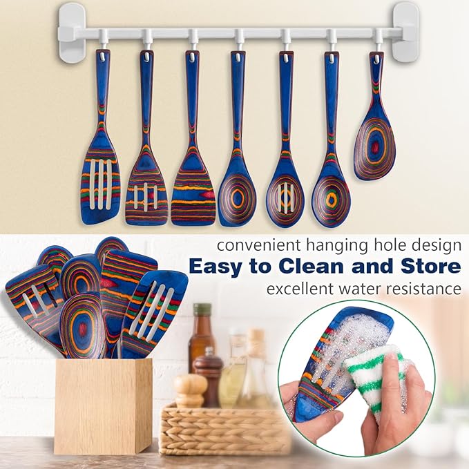 HOWHONG Wooden Spoons for Cooking, Pakkawood Kitchen Utensil Set Spectrum Color, Premium Durable Wooden Utensils for Nonstick Cookware, Heat Resistant, Smooth Finish, Comfortable Grip, 7 Piece