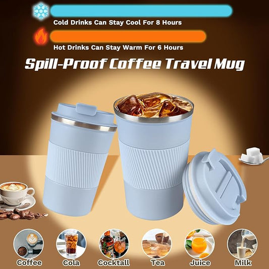 SPLMIFA Vacuum-Insulated Stainless Steel Travel Coffee Mug, Leak-Proof Reusable Coffee Cup with Lid - Keep Hot & Cold Drinks for Hours, Durable Insulated Tumbler for Men & Women(3rd-Light Blue, 17OZ)
