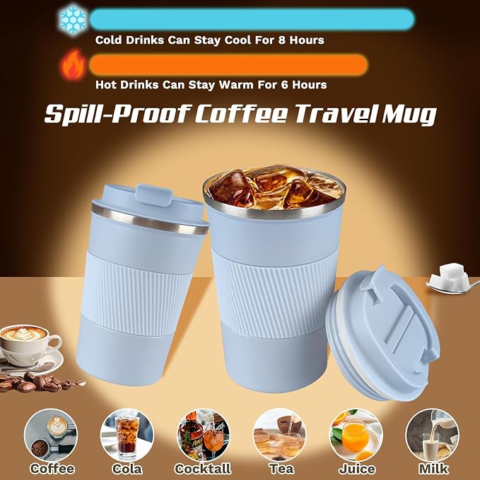 SPLMIFA Vacuum-Insulated Stainless Steel Travel Coffee Mug, Leak-Proof Reusable Coffee Cup with Lid - Keep Hot & Cold Drinks for Hours, Durable Insulated Tumbler for Men & Women(3rd-Light Blue, 12OZ)