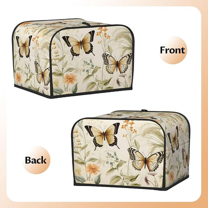 Butterfly Flower Vintage 4 Slice Toaster Cover, Dustproof, Waterproof, Polyester, Wide Slot, Fingerprint Protection, Kitchen Appliance Cover