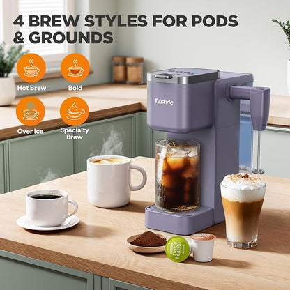Tastyle 330MF Single Serve Coffee Maker with Built-in Detachable Milk Frother, Iced and Hot Coffee Machine for K Cup & Grounds, 40oz Removable Water Tank, 6 Cup Sizes, Fits 7.3" Travel Mug, Purple