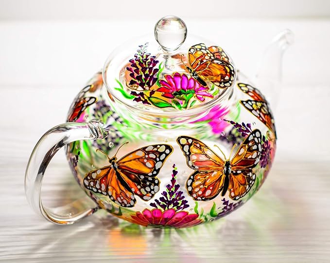 Butterflies and Flowers Teapot with 2 Cups and Saucers - Wedding Gift for Mom - Elegant Tea Set Women Hand Painted Personalized Mother's Day Gift, Luxurious Tea Accessories Tea Party Gift