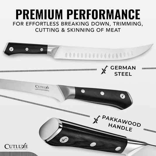 Cutluxe Butcher Carving Set – Cimeter Breaking & Boning Knives for Meat Cutting – Professional Knife, Razor Sharp German Steel, Full Tang, Ergonomic, Butcher Knives for BBQ – Artisan Series