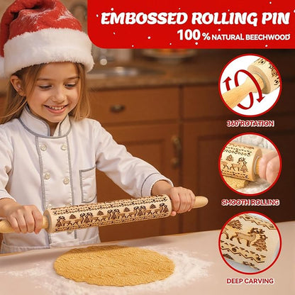 Stocking Stuffers Gifts for Women, Wooden Embossed Rolling Pin for Baking, Deep Engraved Embossing Rolling Pins with Christmas Elk Deer Pattern Designs for Baking Cookies Stamps Roller, DIY Tools
