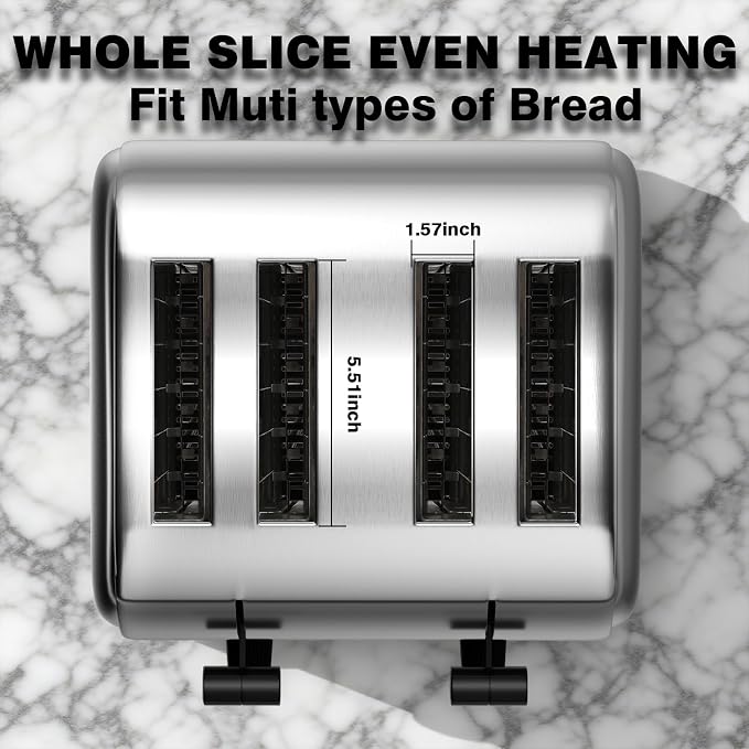 PYY Professional Commercial 4 Slice Toaster - 1800W Stainless Steel Heavy Duty Toaster, 6 Browning Levels, 1.57" Wide Slots, Removable Crumb Tray for Bagels Bread Waffles (Commercial & Home Use)