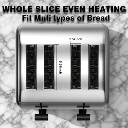 PYY Professional Commercial 4 Slice Toaster - 1800W Stainless Steel Heavy Duty Toaster, 6 Browning Levels, 1.57" Wide Slots, Removable Crumb Tray for Bagels Bread Waffles (Commercial & Home Use)
