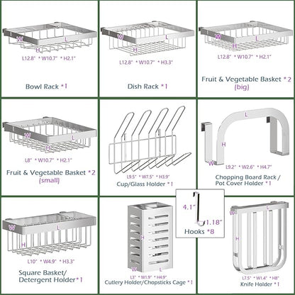 PUSDON Over Sink Dish Drying Rack Stainless Steel, Adjustable Large Dish Drainer for Storage Kitchen Organization Silver 3 Tier - Standard(34"-46")