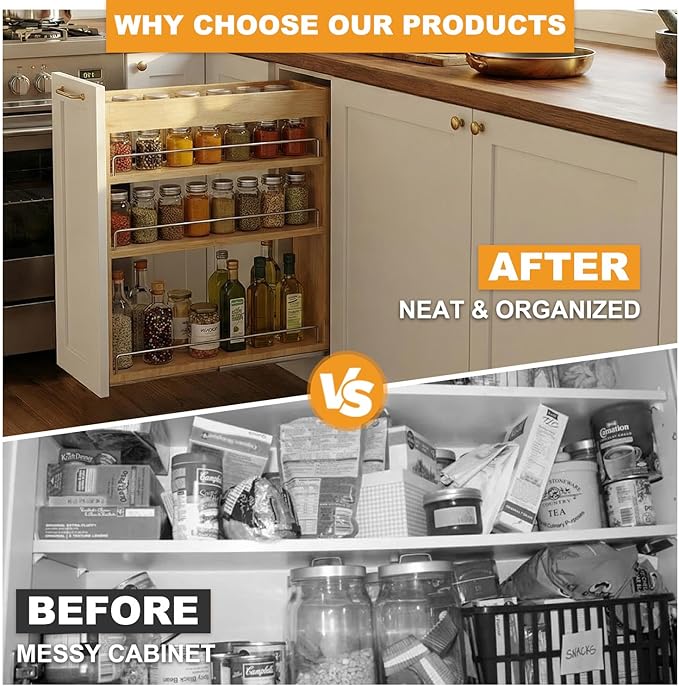 Pull Out Spice Rack Organizer for Cabinet, 5" W x 22.3" D x 25.2" H Multi-Use Solid Wood Slide Out Shelf for Kitchen Cabinet, Sliding Spice Rack for Cans & Jars, Pantry Organization