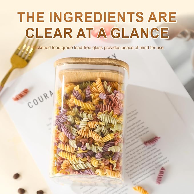 3-Pack Square Glass Containers with Bamboo Lids, 32 fl oz/720ml Airtight Canister Set, Clean Elegant Storage Jars for Candy, Coffee, Tea, Sugar, Flour, Cookies, Spices