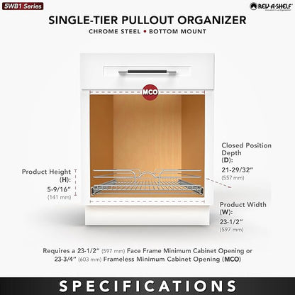 Rev-A-Shelf Steel Wire Pullout Drawer Organizer Shelf for Kitchen Cabinets, Slide Out Storage Basket, Min Opening Width of 23.5", 24" x 22", 5WB1-2422CR-1
