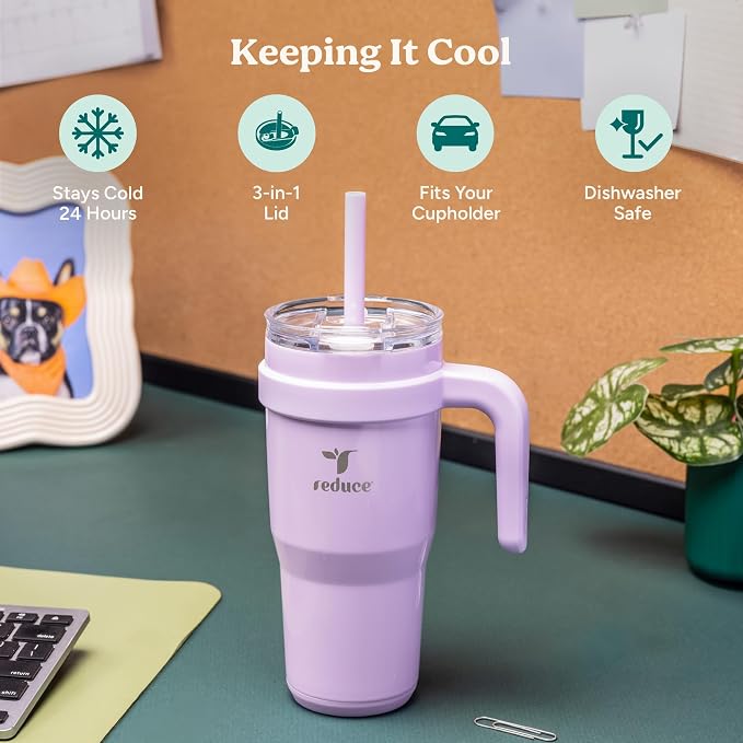 REDUCE 24 oz Stainless Steel Tumbler with Handle - Dual-Wall Vacuum Insulated Travel Mug, Sweat-Proof Lid & Reusable Straw - Keeps Drinks Cold for 24 Hrs, Fits Cupholders, Dishwasher Safe - Daiquiri