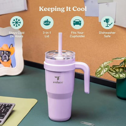 REDUCE 24 oz Stainless Steel Tumbler with Handle - Dual-Wall Vacuum Insulated Travel Mug, Sweat-Proof Lid & Reusable Straw - Keeps Drinks Cold for 24 Hrs, Fits Cupholders, Dishwasher Safe-Pink Cotton